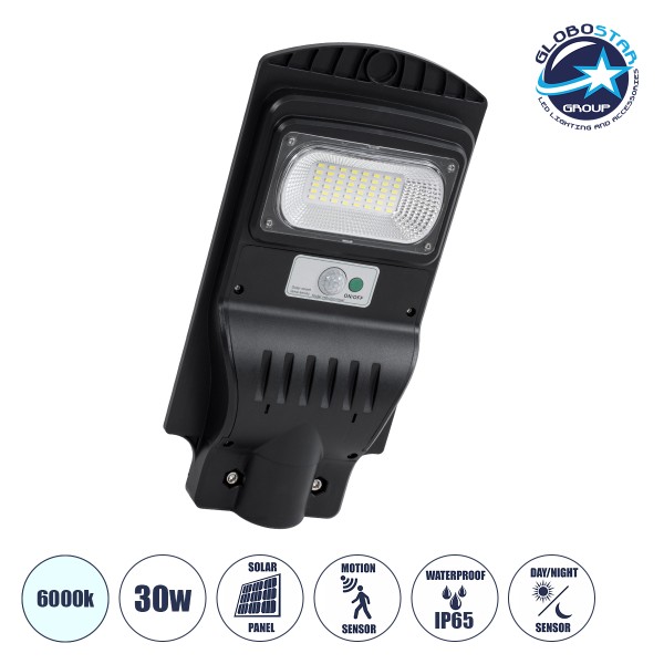 GloboStar® STREETA 85341 Professional LED Solar Street Light Αυτόνομο Ηλιακό Φωτιστικό Δρόμου 30W 300lm 48 x LED SMD 5730 με Ενσωματωμένο Φωτοβολταϊκό Panel 6V 6W & Επαναφορτιζόμενη Μπαταρία Li-ion 3.2V 5000mAh με Αισθητήρα Ημέρας-Νύχτας & PIR Αισθητήρα Κ
