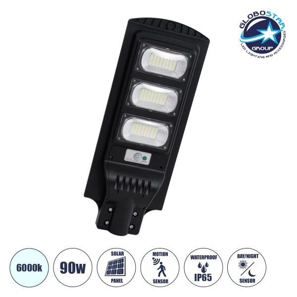 GloboStar® STREETA 85343 Professional LED Solar Street Light Αυτόνομο Ηλιακό Φωτιστικό Δρόμου 90W 900lm 144 x LED SMD 5730 με Ενσωματωμένο Φωτοβολταϊκό Panel 6V 12W & Επαναφορτιζόμενη Μπαταρία Li-ion 3.2V 12000mAh με Αισθητήρα Ημέρας-Νύχτας & PIR Αισθητήρ