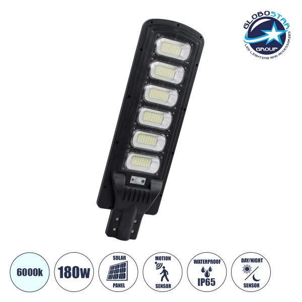 GloboStar® STREETA 85346 Professional LED Solar Street Light Αυτόνομο Ηλιακό Φωτιστικό Δρόμου 180W 1800lm 288 x LED SMD 5730 με Ενσωματωμένο Φωτοβολταϊκό Panel 6V 20W & Επαναφορτιζόμενη Μπαταρία Li-ion 3.2V 30000mAh με Αισθητήρα Ημέρας-Νύχτας & PIR Αισθητ