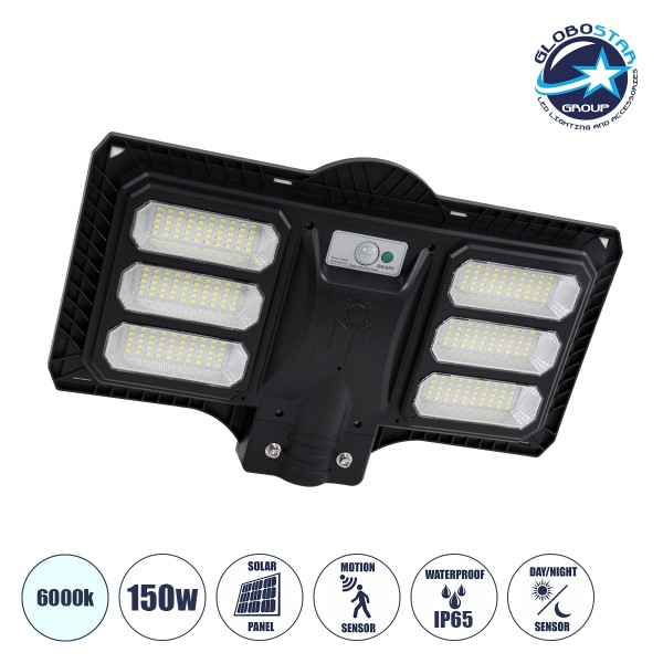GloboStar® STREETO 85347 Professional LED Solar Street Light Αυτόνομο Ηλιακό Φωτιστικό Δρόμου 150W 1000lm 300 x LED SMD 5730 με Ενσωματωμένο Φωτοβολταϊκό Panel 6V 12W & Επαναφορτιζόμενη Μπαταρία Li-ion 3.2V 10000mAh με Αισθητήρα Ημέρας-Νύχτας & PIR Αισθητ