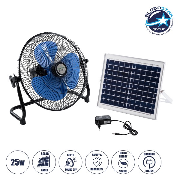 GloboStar® SOLARO-FAN 85351 Solar Fan Αυτόνομος Ηλιακός Επιδαπέδιος Ανεμιστήρας 25W 2 Λειτουργιών Ρεύματος με AC 220-240V ή με Φωτοβολταϊκό Panel 9V 12W & Επαναφορτιζόμενη Μπαταρία Li-ion 7.4V 4400mAh - 12 Ταχύτητες - Ενσωματωμένο USB 2.0 Charger Συσκευών
