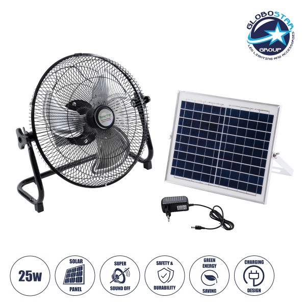 GloboStar® SOLARO-FAN 85352 Solar Fan Αυτόνομος Ηλιακός Επιδαπέδιος Ανεμιστήρας 25W 2 Λειτουργιών Ρεύματος με AC 220-240V ή με Φωτοβολταϊκό Panel 9V 12W & Επαναφορτιζόμενη Μπαταρία Li-ion 7.4V 4400mAh - 12 Ταχύτητες - Ενσωματωμένο USB 2.0 Charger Συσκευών