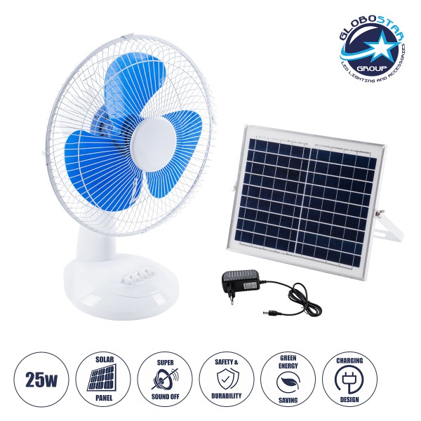 GloboStar® SOLARI-FAN 85353 Solar Fan Αυτόνομος Ηλιακός Επιτραπέζιος Ανεμιστήρας 25W 2 Λειτουργιών Ρεύματος με AC 220-240V ή με Φωτοβολταϊκό Panel 9V 12W & Επαναφορτιζόμενη Μπαταρία Li-ion 7.4V 4400mAh - 3 Ταχύτητες - IP20 - Μ24 x Π36 x Υ49cm - Λευκό & Μπ