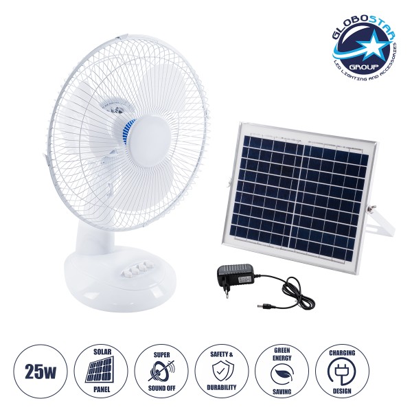 GloboStar® SOLARI-FAN 85354 Solar Fan Αυτόνομος Ηλιακός Επιτραπέζιος Ανεμιστήρας 25W 2 Λειτουργιών Ρεύματος με AC 220-240V ή με Φωτοβολταϊκό Panel 9V 12W & Επαναφορτιζόμενη Μπαταρία Li-ion 7.4V 4400mAh - 3 Ταχύτητες - IP20 - Μ24 x Π36 x Υ49cm - Λευκό - 2 