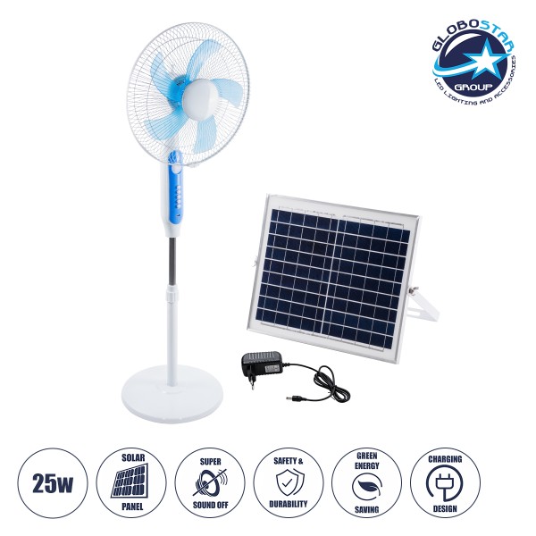 GloboStar® SOLARA-FAN 85355 Solar Fan Αυτόνομος Ηλιακός Επιδαπέδιος Ανεμιστήρας 25W 2 Λειτουργιών Ρεύματος με AC 220-240V ή με Φωτοβολταϊκό Panel 9V 12W & Επαναφορτιζόμενη Μπαταρία Li-ion 7.4V 4400mAh - 3 Ταχύτητες - Ενσωματωμένο USB 2.0 Charger Συσκευών 
