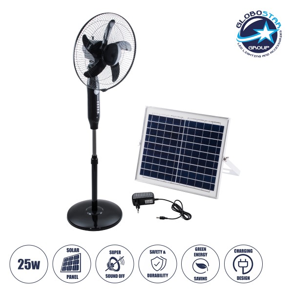 GloboStar® SOLARA-FAN 85356 Solar Fan Αυτόνομος Ηλιακός Επιδαπέδιος Ανεμιστήρας 25W 2 Λειτουργιών Ρεύματος με AC 220-240V ή με Φωτοβολταϊκό Panel 9V 12W & Επαναφορτιζόμενη Μπαταρία Li-ion 7.4V 4400mAh - 3 Ταχύτητες - Ενσωματωμένο USB 2.0 Charger Συσκευών 