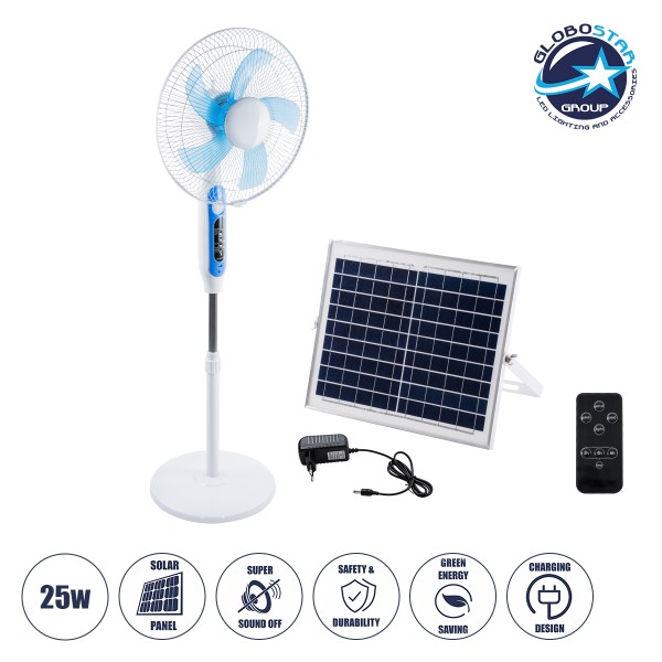 GloboStar® SOLARE-FAN 85357 Solar Fan Αυτόνομος Ηλιακός Επιδαπέδιος Ανεμιστήρας 25W 2 Λειτουργιών Ρεύματος με AC 220-240V ή με Φωτοβολταϊκό Panel 9V 15W & Επαναφορτιζόμενη Μπαταρία Li-ion 7.4V 6000mAh - 12 Ταχύτητες - Ασύρματο Χειριστήριο - Ενσωματωμένο U