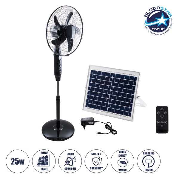 GloboStar® SOLARE-FAN 85358 Solar Fan Αυτόνομος Ηλιακός Επιδαπέδιος Ανεμιστήρας 25W 2 Λειτουργιών Ρεύματος με AC 220-240V ή με Φωτοβολταϊκό Panel 9V 15W & Επαναφορτιζόμενη Μπαταρία Li-ion 7.4V 6000mAh - 12 Ταχύτητες - Ασύρματο Χειριστήριο - Ενσωματωμένο U