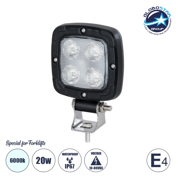GloboStar® 85399 E4 Mark Vehicle & Forklift Work Lights - Φώτα Εργασίας για Οχήματα Περονοφόρα - Κλάρκ LED 20W DC 10-80V Αδιάβροχο IP67 Ψυχρό Λευκό 6000K Μ11 x Π11 x Υ5cm