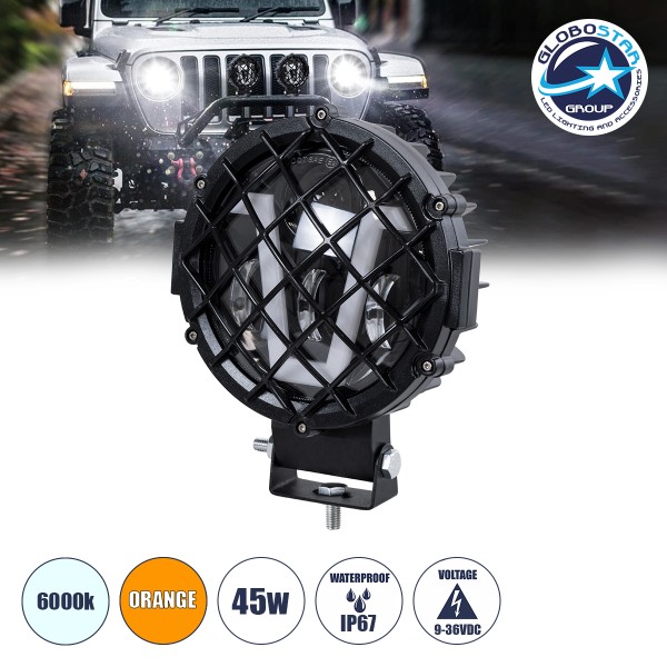 GloboStar® 85439 Vehicle & JEEP Work Lights - Φώτα Εργασίας για Οχήματα και JEEP με V Light DRL & Φλας LED High Power 45W DC 9-36V Αδιάβροχo IP67 Πορτοκαλί & Ψυχρό Λευκό 6000K M17 x Π8 x Υ21cm
