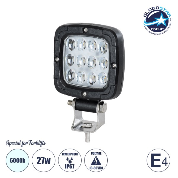 GloboStar® 85454 E4 Mark Vehicle & Forklift Work Lights - Φώτα Εργασίας για Οχήματα Περονοφόρα - Κλάρκ LED 27W DC 10-80V Αδιάβροχο IP67 Ψυχρό Λευκό 6000K Μ9.5 x Π3 x Υ13.5cm