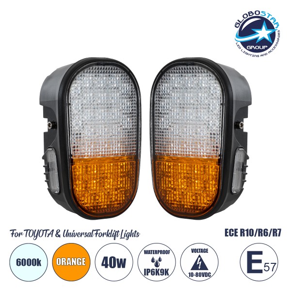 GloboStar® 85455 E57 ECE R10/R6/R7 Mark Σετ 2 x Φανάρια για TOYOTA & UNIVERSAL FORKLIFT Βασικού Φωτισμού για Οχήματα Περονοφόρα - Κλάρκ με Φλας LED 40W DC 10-80V Αδιάβροχα IP6K9K Πορτοκαλί & Ψυχρό Λευκό 6000K  Μ20 x Π8 x Υ12cm