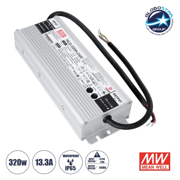 GLOBOSTAR® MEANWELL-HLG320H-24A 90794 Τροφοδοτικό/Μετασχηματιστής SELV 320W 13.3A DC 24V Αδιάβροχο IP65 - AC 220-240V σε DC 24V / Ρυθμιζόμενο από DC 21V έως DC 26V - Μ25.2 x Π9 x Υ4.38cm - 3 Χρόνια Εγγύηση
