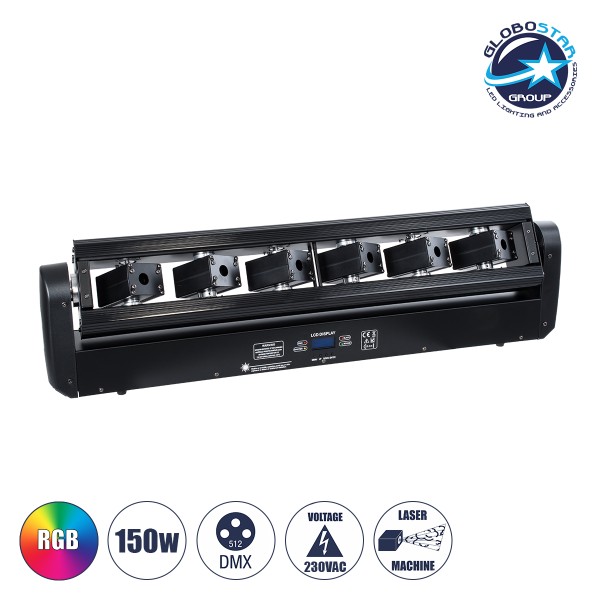 GloboStar® AMNESIA 51179 Επαγγελματική Κινούμενη Ρομποτική Μπάρα Super LASER BEAM Light 150W - 6 x 1W Laser - 300mW RED/638nm - 100mW GREEN/531nm - 600mW BLUE/442nm - AC 220V-240V IP20 3in1 RGB DMX512 - Μ86 x Π23 x Υ9cm - 2 Χρόνια Εγγύηση
