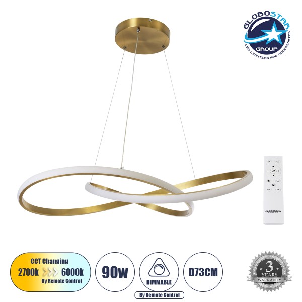 GLOBOSTAR® DEXTER 60916 Μοντέρνο Κρεμαστό Φωτιστικό Οροφής LED 90W 10080lm 300° AC 220-240V IP20 Ρυθμιζόμενο Λευκό CCT με Χειριστήριο από 2700K έως 6000K Dimmable - Lumileds SMD Chip - Χρυσό Πλατίνα - Μ73 x Π73 x Υ16cm - 3 Χρόνια Εγγύηση