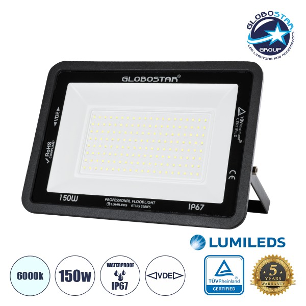 GloboStar® ATLAS 61428 Επαγγελματικός Προβολέας LED 150W 18750lm 120° AC 220-240V - Αδιάβροχος IP67 - Μ32 x Π4 x Υ23cm - Μαύρο - Ψυχρό Λευκό 6000K - LUMILEDS Chips - TÜV Rheinland Certified - 5 Years Warranty