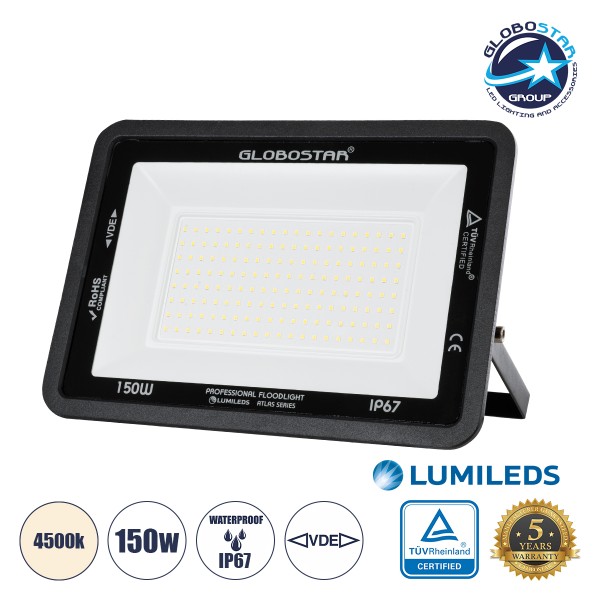 GloboStar® ATLAS 61429 Επαγγελματικός Προβολέας LED 150W 18000lm 120° AC 220-240V - Αδιάβροχος IP67 - Μ32 x Π4 x Υ23cm - Μαύρο - Φυσικό Λευκό 4500K - LUMILEDS Chips - TÜV Rheinland Certified - 5 Years Warranty