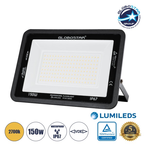 GloboStar® ATLAS 61430 Επαγγελματικός Προβολέας LED 150W 17250lm 120° AC 220-240V - Αδιάβροχος IP67 - Μ32 x Π4 x Υ23cm - Μαύρο - Θερμό Λευκό 2700K - LUMILEDS Chips - TÜV Rheinland Certified - 5 Years Warranty