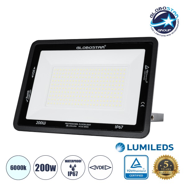 GloboStar® ATLAS 61431 Επαγγελματικός Προβολέας LED 200W 25000lm 120° AC 220-240V - Αδιάβροχος IP67 - Μ38 x Π4 x Υ28cm - Μαύρο - Ψυχρό Λευκό 6000K - LUMILEDS Chips - TÜV Rheinland Certified - 5 Years Warranty