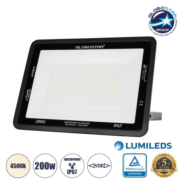 GloboStar® ATLAS 61432 Επαγγελματικός Προβολέας LED 200W 24000lm 120° AC 220-240V - Αδιάβροχος IP67 - Μ38 x Π4 x Υ28cm - Μαύρο - Φυσικό Λευκό 4500K - LUMILEDS Chips - TÜV Rheinland Certified - 5 Years Warranty
