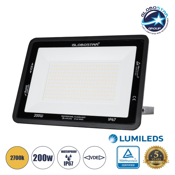 GloboStar® ATLAS 61433 Επαγγελματικός Προβολέας LED 200W 23000lm 120° AC 220-240V - Αδιάβροχος IP67 - Μ38 x Π4 x Υ28cm - Μαύρο - Θερμό Λευκό 2700K - LUMILEDS Chips - TÜV Rheinland Certified - 5 Years Warranty