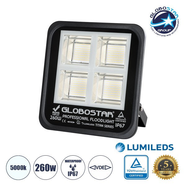 GloboStar® TITAN 61434 Επαγγελματικός Προβολέας για Γήπεδα Tennis & Ποδοσφαίρου 5x5 LED 260W 32500lm 60°x90° FishEye AC 220-240V - Αδιάβροχος IP67 - Μ30 x Π8 x Υ28cm - Μαύρο - Φυσικό Λευκό 5000K - LUMILEDS Chips - TÜV Rheinland Certified - 5 Years Warrant