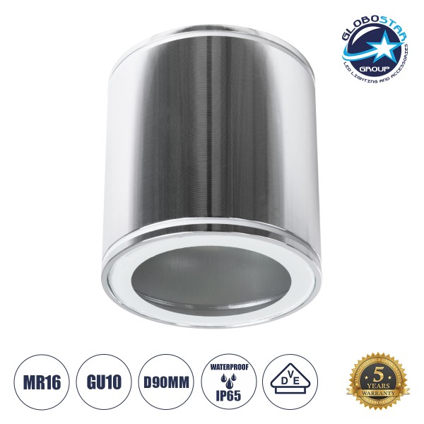 GloboStar® MARETTI 61448 Επιφανειακό Στρόγγυλο Φωτιστικό Σποτ με Ντουί 1 x GU10 VDE Certified AC 220-240V Αδιάβροχο IP65 - Σώμα Αλουμινίου & Υψηλής Αντοχής Tempered Glass - Φ9 x Υ9cm - Ασημί Νίκελ - 5 Χρόνια Εγγύηση