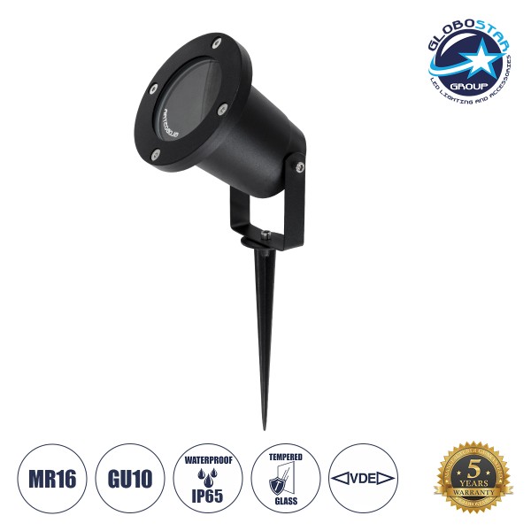 GloboStar® GARDELINI 61481 Καρφωτό Κινούμενο Φωτιστικό Σποτ Κήπου με Ντουί 1 x GU10 VDE Certified AC 220-240V Αδιάβροχο IP65 - Σώμα Αλουμινίου & Υψηλής Αντοχής Tempered Glass & Μ40cm VDE Καλώδιο Σύνδεσης - Φ10 x Υ30cm - Μαύρο - 5 Χρόνια Εγγύηση