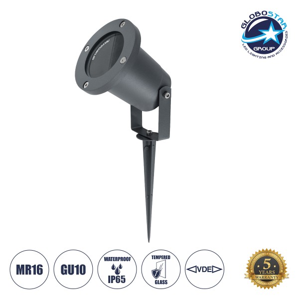 GloboStar® GARDELINI 61482 Καρφωτό Κινούμενο Φωτιστικό Σποτ Κήπου με Ντουί 1 x GU10 VDE Certified AC 220-240V Αδιάβροχο IP65 - Σώμα Αλουμινίου & Υψηλής Αντοχής Tempered Glass & Μ40cm VDE Καλώδιο Σύνδεσης - Φ10 x Υ30cm - Γκρι Ανθρακί - 5 Χρόνια Εγγύηση