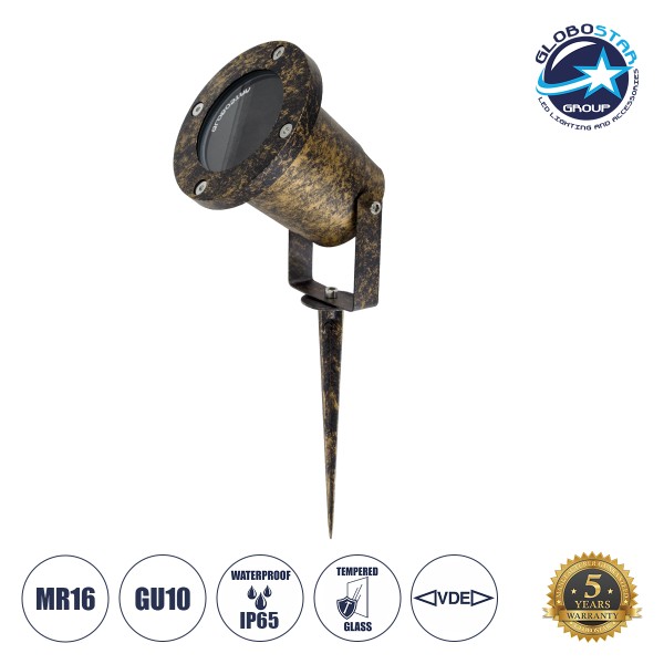 GloboStar® GARDELINI 61485 Καρφωτό Κινούμενο Φωτιστικό Σποτ Κήπου με Ντουί 1 x GU10 VDE Certified AC 220-240V Αδιάβροχο IP65 - Σώμα Αλουμινίου & Υψηλής Αντοχής Tempered Glass & Μ40cm VDE Καλώδιο Σύνδεσης - Φ10 x Υ30cm - Χρυσό Εφέ Σκουριάς - 5 Χρόνια Εγγύη