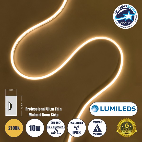 GloboStar® NEONPRO 61525 Professional Neon Flex LED 10W/m 1200lm/m 120° DC 24V Αδιάβροχη IP68 - 120 x SMD 2835 LED Chip/Μέτρο - Dimmable - Μ100 x Π6 x Υ1.2cm - Θερμό Λευκό 2700K - LUMILEDS High Efficiency Chips - 6 Χρόνια Εγγύηση