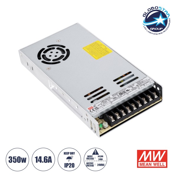 GloboStar® LRS-350-24 61531 MEANWELL Ρυθμιζόμενο Μεταλλικό Τροφοδοτικό PELV για Προϊόντα LED 350W 14.6A - AC 220-240V σε DC 24V - Ρυθμιζόμενο από 21.6VDC έως 28.8VDC - IP20 Μ21.5 x Π11.5 x Υ3cm - 3 Years Warranty