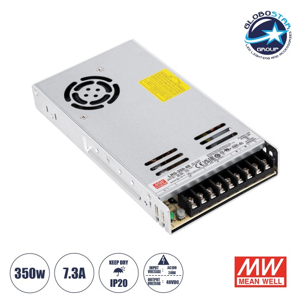 GLOBOSTAR® MEANWELL-LRS350-48 61532 Τροφοδοτικό/Μετασχηματιστής Class II PELV 350W 7.3A DC 48V IP20 - AC 220-240V σε DC 48V / Ρυθμιζόμενo από DC 43.2V έως DC 52.8V - Μ21.5 x Π11.5 x Υ3cm - 3 Χρόνια Εγγύηση