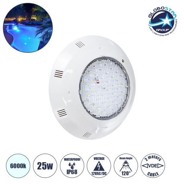 GloboStar® POOLETI 61538 PRO Φωτιστικό Πισίνας LED 25W 2125lm 120° AC/DC 12V Αδιάβροχο IP68 IK06 Tempered Glass Φ30 x Υ6.5cm Ψυχρό Λευκό 6000K - Bridgelux Chip - 2 Meter VDE Certified Cable - 3 Years Warranty