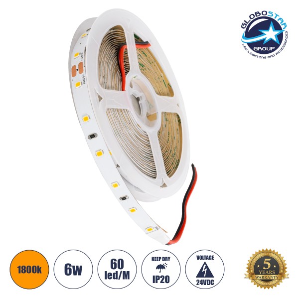 GloboStar® LILAC 70203 Ταινία LED 6W/m 480lm/m 120° DC 24V IP20 - 60 x SMD 2835 LED Chip/Μέτρο - Μ5000 x Π8 x Υ1mm - Ρολό 5 Μέτρων - Ultra Θερμό Λευκό 1800K - 5 Χρόνια Εγγύηση