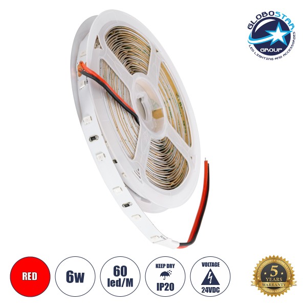 GloboStar® 70204 Ταινία LED SMD 2835 5m 6W/m 60LED/m 120° DC 24V IP20 300lm/m - Κόκκινο - 5 Χρόνια Εγγύηση