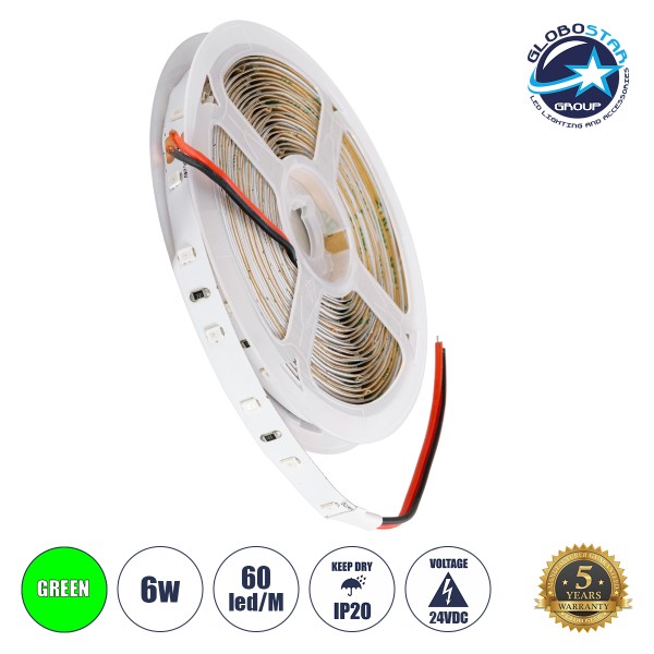 GloboStar® 70205 Ταινία LED SMD 2835 5m 6W/m 60LED/m 120° DC 24V IP20 300lm/m - Πράσινο - 5 Χρόνια Εγγύηση