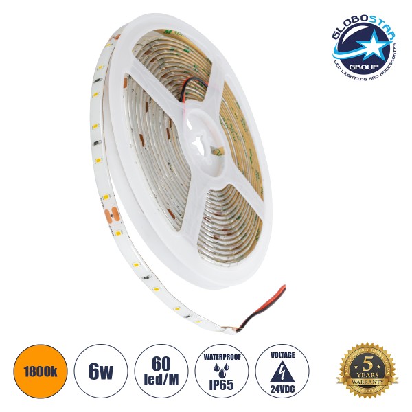 GloboStar® LILAC 70303 Ταινία LED 6W/m 600lm/m 120° DC 24V Αδιάβροχη IP65 - 60 x SMD 2835 LED Chip/Μέτρο - Μ5000 x Π8 x Υ2mm - Ρολό 5 Μέτρων - Ultra Θερμό Λευκό 1800K - 5 Χρόνια Εγγύηση