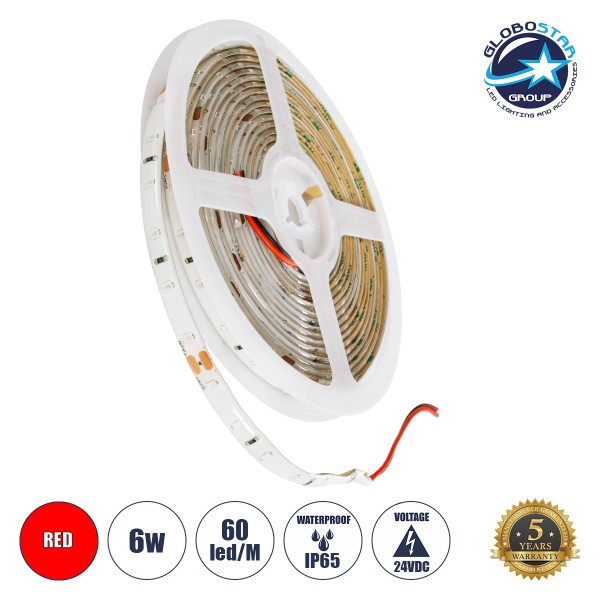 GloboStar® 70304 Ταινία LED SMD 2835 5m 6W/m 60LED/m 120° DC 24V Αδιάβροχη IP65 300lm/m - Κόκκινο - 5 Χρόνια Εγγύηση