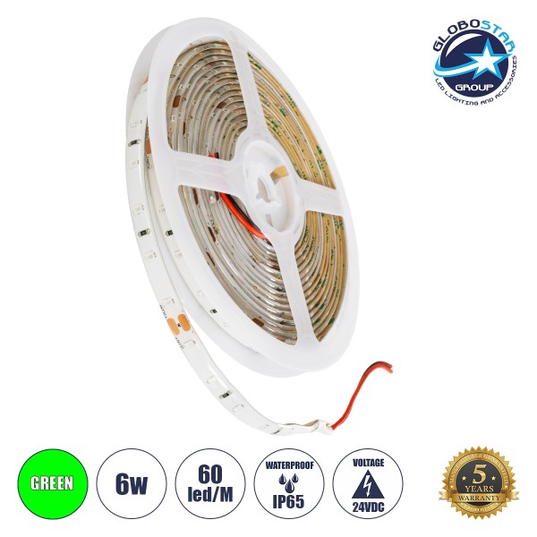 GloboStar® 70305 Ταινία LED SMD 2835 5m 6W/m 60LED/m 120° DC 24V Αδιάβροχη IP65 300lm/m - Πράσινο - 5 Χρόνια Εγγύηση