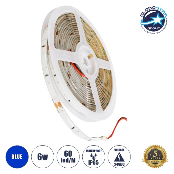 GloboStar® 70306 Ταινία LED SMD 2835 5m 6W/m 60LED/m 120° DC 24V Αδιάβροχη IP65 300lm/m - Μπλε - 5 Χρόνια Εγγύηση