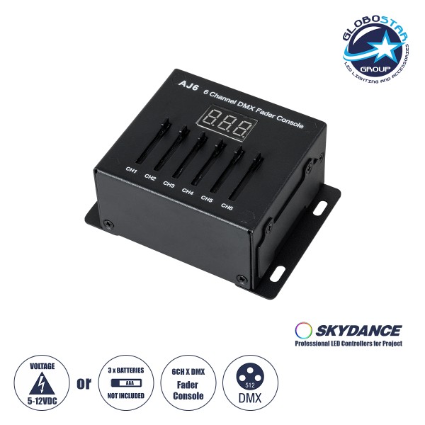 GloboStar® 70675 AJ6 SKYDANCE DMX 6 Channel Fader Console - Κονσόλα Φωτισμού 6 Καναλιών DMX DC 5-12V ή 3 x AAA Μπαταρίες - IP20 Μ10 x Π7 x Υ4cm - 5 Years Warranty
