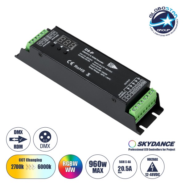 GloboStar® 71445 D5-P SKYDANCE DC DMX & RDM Dimmer High Speed Controller / Decoder 5 Καναλιών DC 12-48V 5 x 4A 192W - Max 20.5A 960W - IP20 Μ17.5 x Π4.5 x Υ3.5cm - 5 Years Warranty