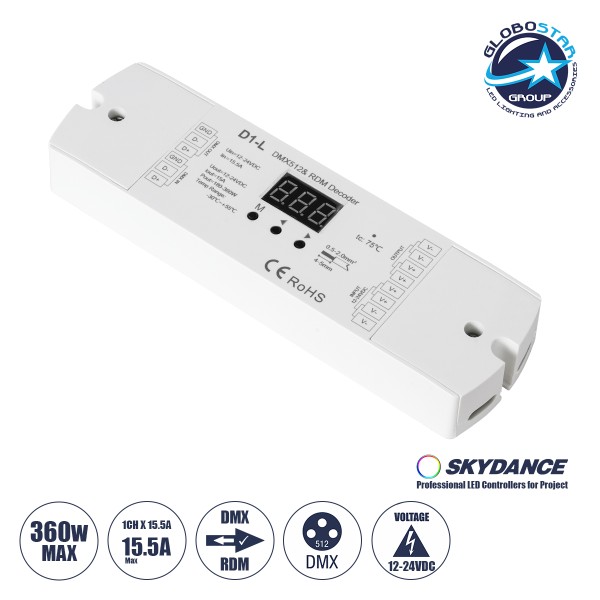 GloboStar® 71446 D1-L SKYDANCE DC DMX & RDM Dimmer High Speed Controller / Decoder 1 Καναλιού DC 12-24V 1 x 15.5A 360W - Max 15.5A 360W - IP20 Μ17 x Π5 x Υ2.5cm - 5 Years Warranty