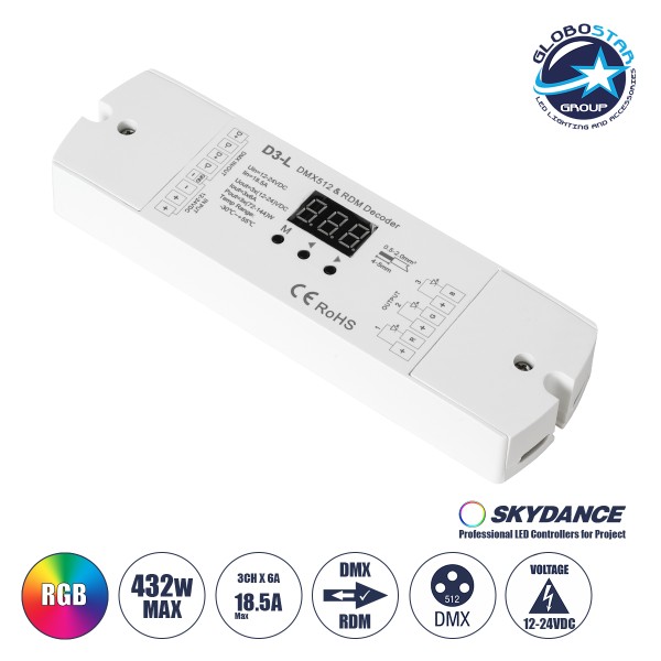 GloboStar® 71447 D3-L SKYDANCE DC DMX & RDM Dimmer High Speed Controller / Decoder 3 Καναλιών DC 12-24V 3 x 6A 144W - Max 18.5A 432W - IP20 Μ17 x Π5 x Υ2.5cm - 5 Years Warranty