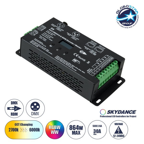 GloboStar® 71448 D5 SKYDANCE DC DMX & RDM Dimmer High Speed Controller / Decoder 5 Καναλιών DC 12-24V 5 x 6A 144W - Max 30A 864W - IP20 Μ17 x Π8 x Υ4cm - 5 Years Warranty