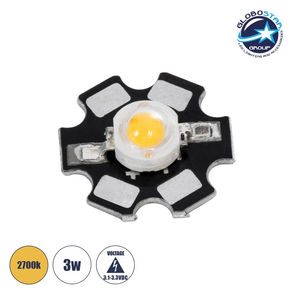 GloboStar® 73744 High Power Star LED - Υψηλής Ισχύος Star LED 3W DC 3.2V Θερμό Λευκό 2700K Φ2 x Υ0.6cm - 2 Χρόνια Εγγύηση