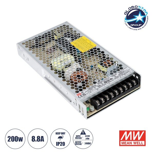 GloboStar® LRS-200-24 90783 MEANWELL Ρυθμιζόμενο Μεταλλικό Τροφοδοτικό PELV για Προϊόντα LED 200W 8.8A - AC 220-240V σε DC 24V - Ρυθμιζόμενο από 21.6VDC έως 28.8VDC - IP20 Μ21.5 x Π11.5 x Υ3cm - 3 Years Warranty