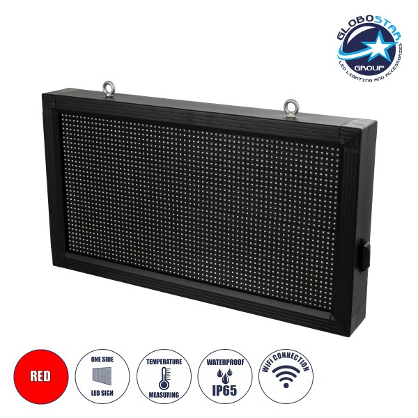 GloboStar® DISPLAY 90276 LED Scrolling Display 64x32cm - Κυλιόμενη Ψηφιακή Πινακίδα / Επιγραφή Μονής Όψης P10 LED SMD AC 220-240V - Λειτουργία μέσω Wi-Fi με Εφαρμογή APP - Αισθήτηρας Θερμοκρασίας και Υγρασίας - Αδιάβροχο IP65 - Μ72 x Π9 x Υ42.5cm - Κόκκιν