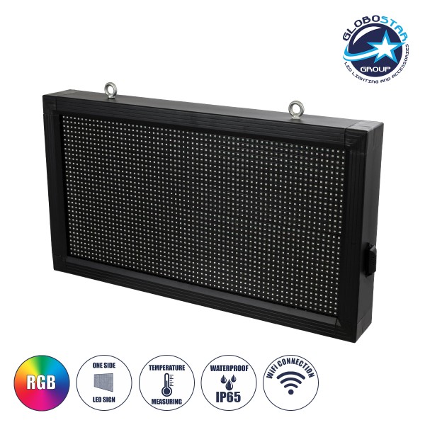 GloboStar® DISPLAY 90277 LED Scrolling Display 64x32cm - Κυλιόμενη Ψηφιακή Πινακίδα / Επιγραφή Μονής Όψης P10 LED SMD AC 220-240V - Λειτουργία μέσω Wi-Fi με Εφαρμογή APP - Αισθήτηρας Θερμοκρασίας και Υγρασίας - Αδιάβροχο IP65 - Μ72 x Π9 x Υ42.5cm - RGB - 